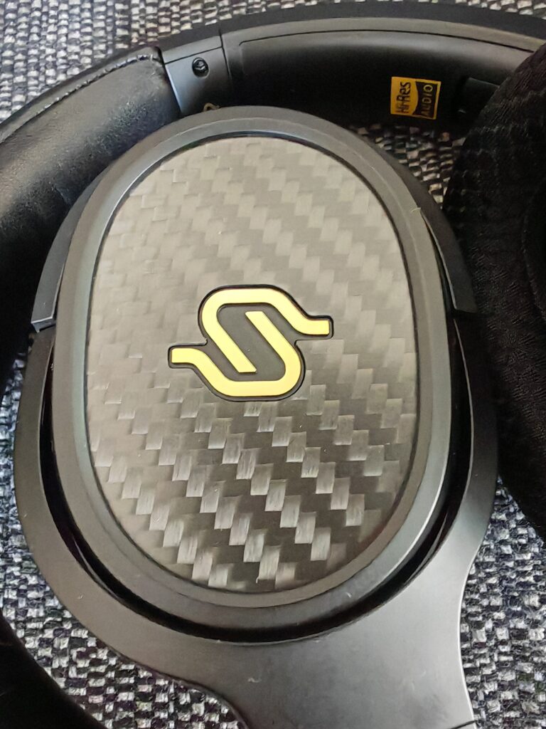 A close up of the earcup of the Edifier STAX SPIRIT S3 logo.