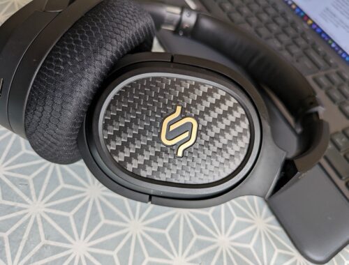 A close up of the earcup of the Edifier STAX SPIRIT S3 and logo.