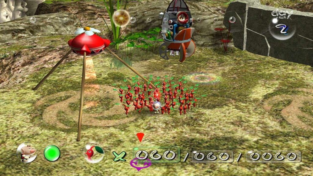 Red Pikmin gathereing around their flower pod.
