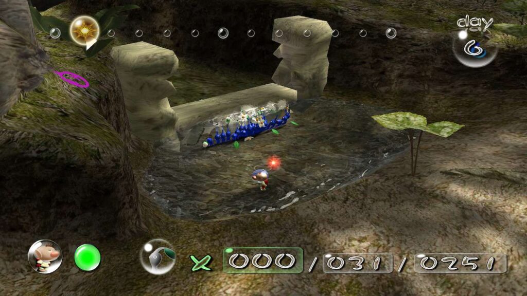 Blue Pikmin taking down a wall.