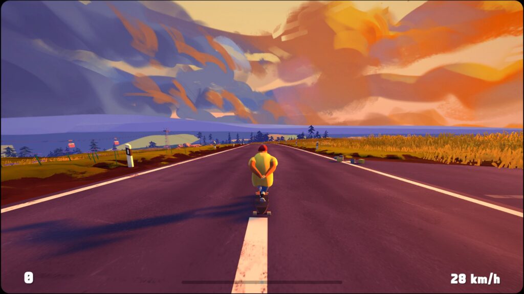 A sloth riding down a road with a pastel side in the background