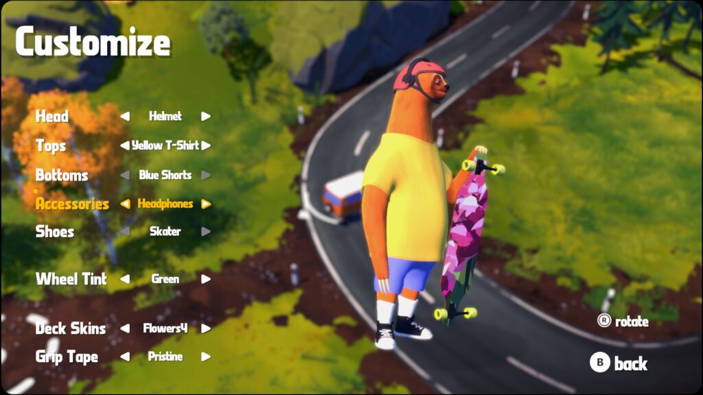 A sloth wearing a T-Shirt, wearing a Helmet, a T-Shirt shorts and holding a longboard. To the right, buttons to change clothing options.