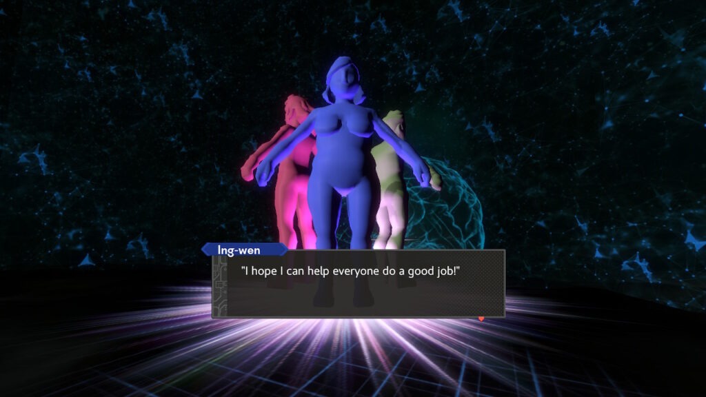 Three model clay-like characters stand with their backs to each other with text below them, it reads: Ing-wen: "I hope I can help everyone do a food job!"