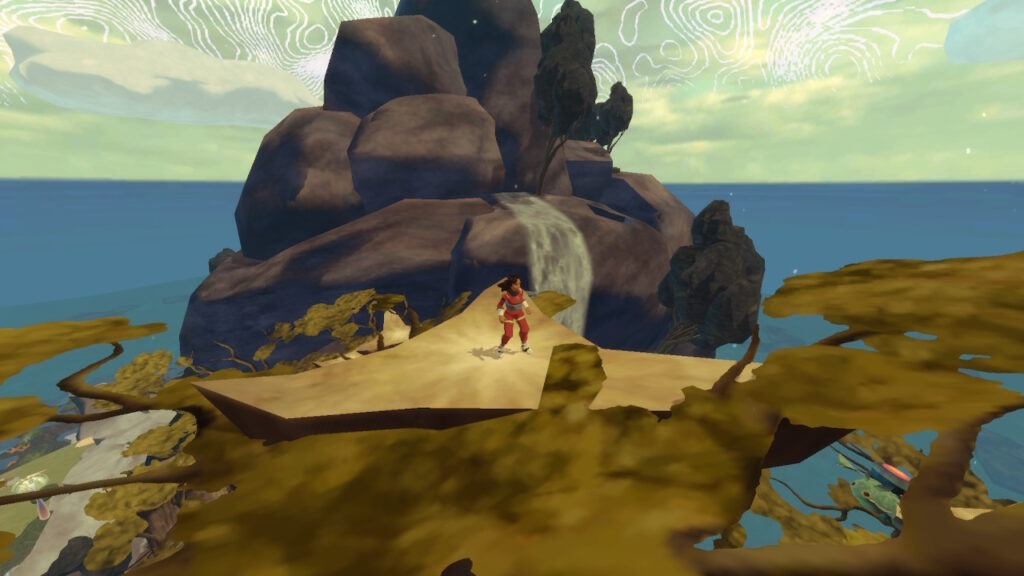 a character stands on sand in front of a waterfall coming out of tall rocks