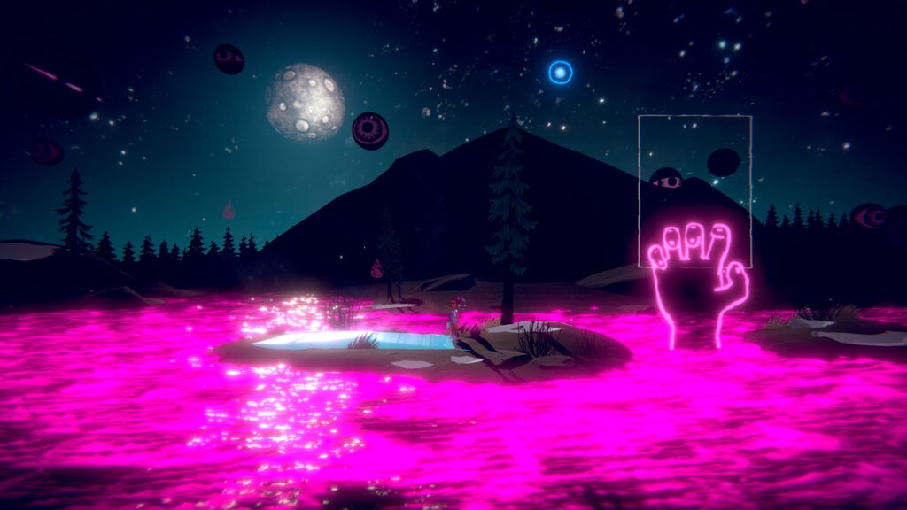 A night scene with a moon in the sky and mountains and pine tree silhouettes. Nyah stands on a small island within a pink lake with a pink hand obstacle to the right