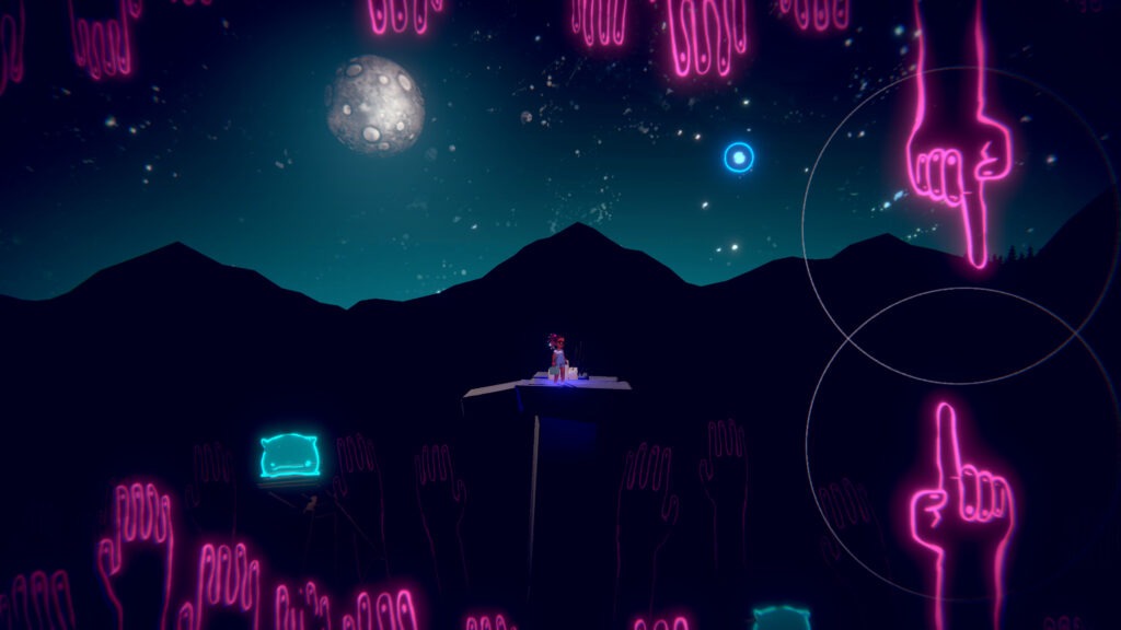 Nyah stands on a platform in the middle of the screen with mountains silhouetted in the background and neon pink hands above, below and forming an obstacle to the right