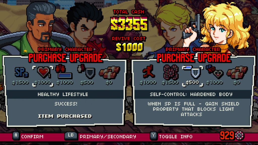 Upgrade screen post-level in Double Dragon Gaiden Rise of the Dragons