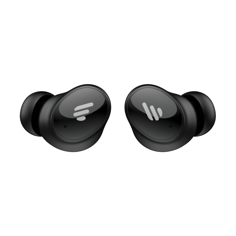 Black Edifier TWS1 Pro 2 earphones out of the carging case.