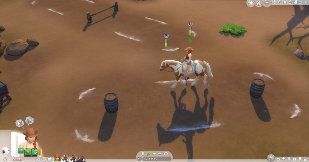 A Sim training their horse on the barrel build item