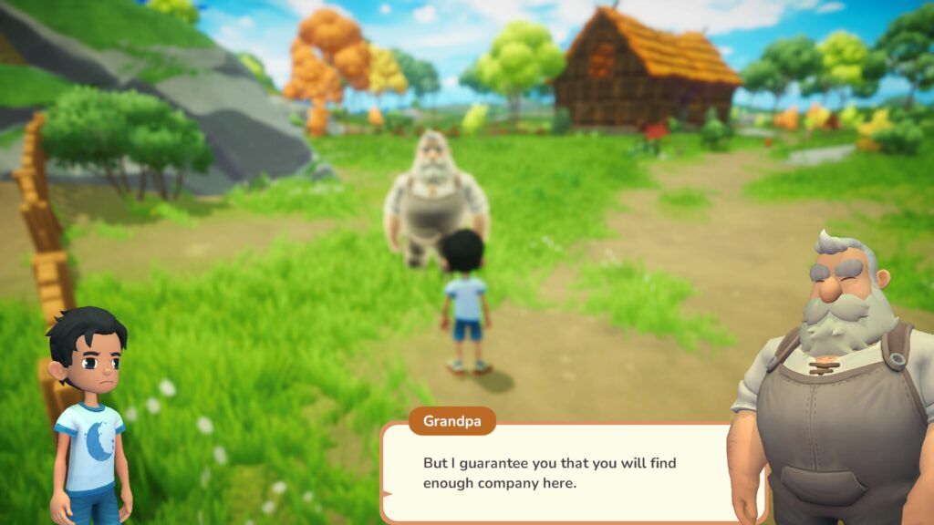 Conversation with grandpa on Everdrteam farm with hazy farm image in the background.