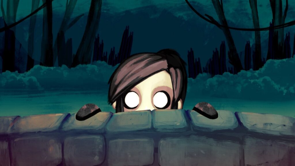 A character peers over a wall with silhouetted tree trunks behind her.