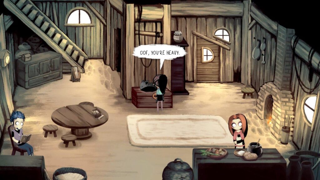 Inside Lucy's house, her mother is cooking on the right, her father is reading on the left and Lucy is standing in front of a chest with Squinty on top