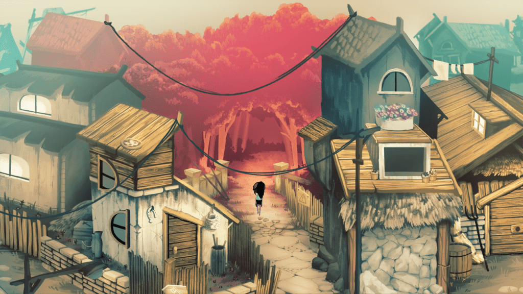 Lucy walks down an alley way towards the forest with buildings either side of the alley