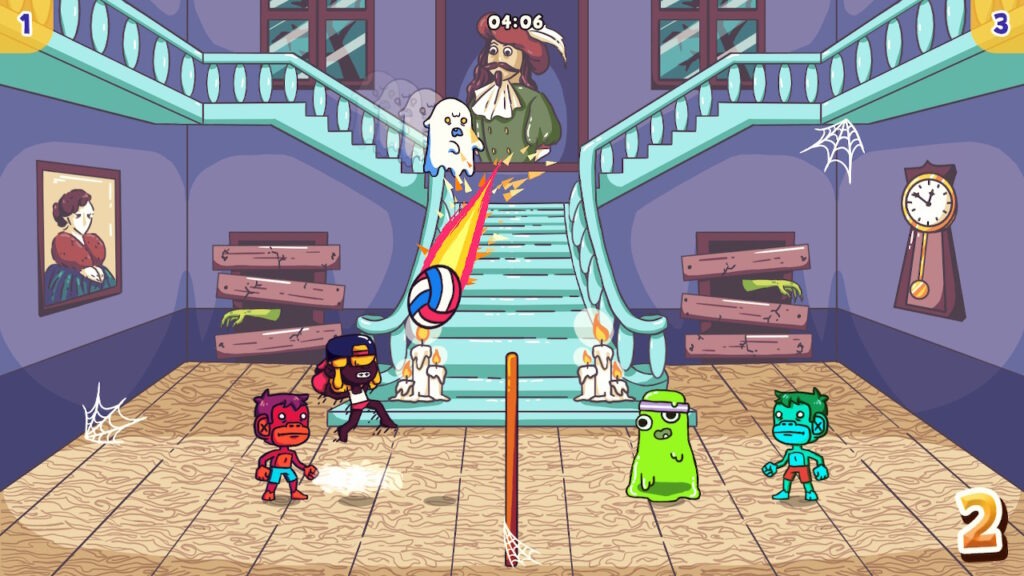 Four characters and a ghost playing volleyball.