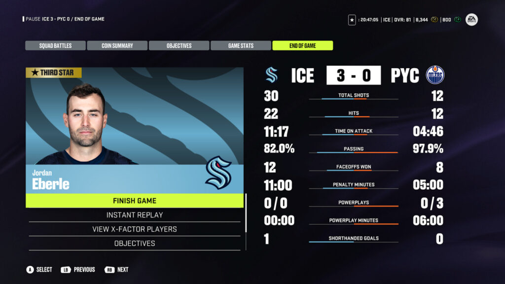 End game sumamry screen for NHL24