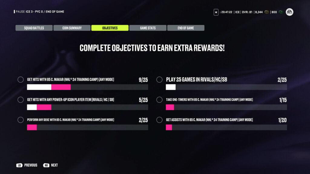 HUT objective screen showing active objectives and progress in NHL 24