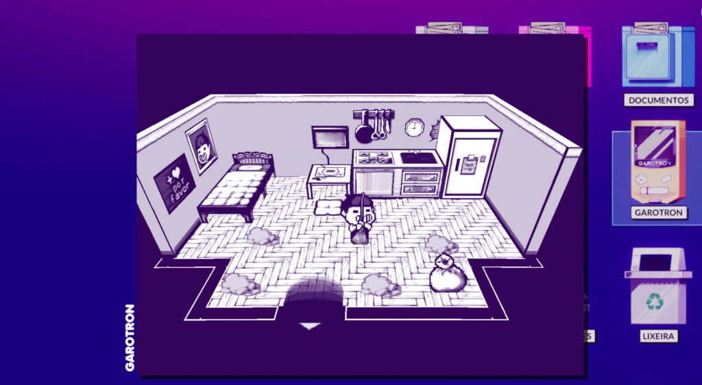 Main character sweeping a dirty floor