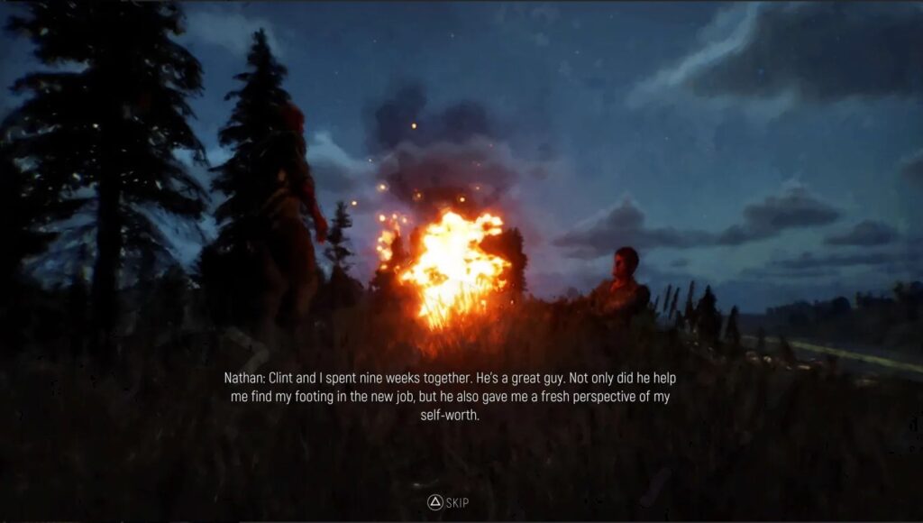 Truck Driver: The American Dream storytelling via a cutscene around a campfire.