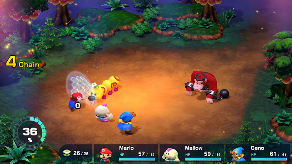 Mario, Geno and Mallow battling two enemies