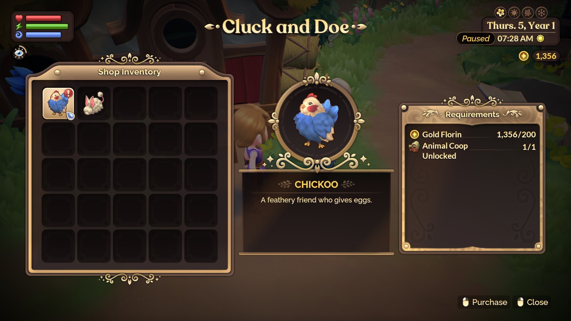 The buy menu in Fae Farm for the Cluck and Doe shop, showing a Chickoo and a Cottontail.