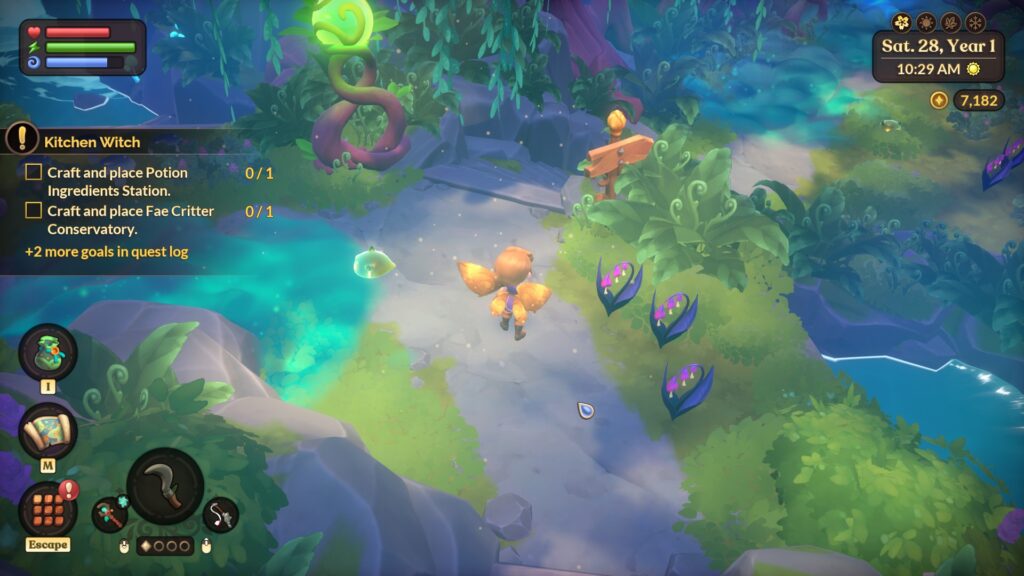 My protagonist stands in a fairy forest, with yellow wings on her back