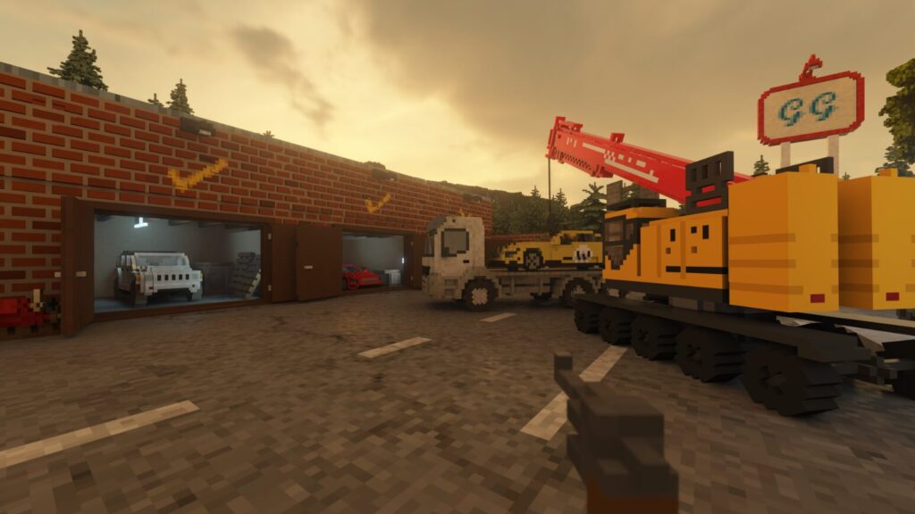 person standing near a crane, a car, a jeep, and a truck