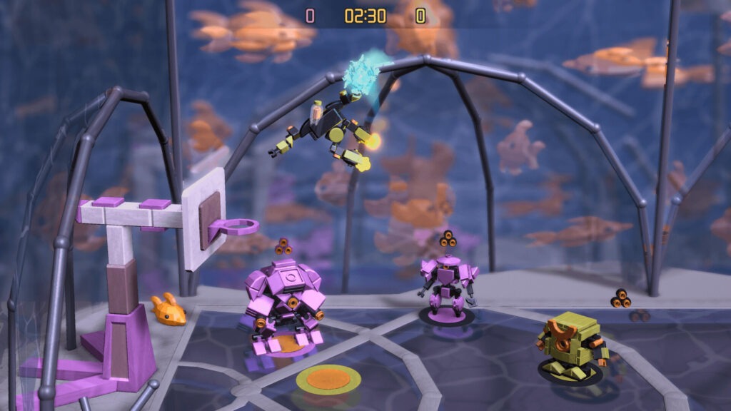 Yellow robot leaping towards a basketball hoop with the spark in hand