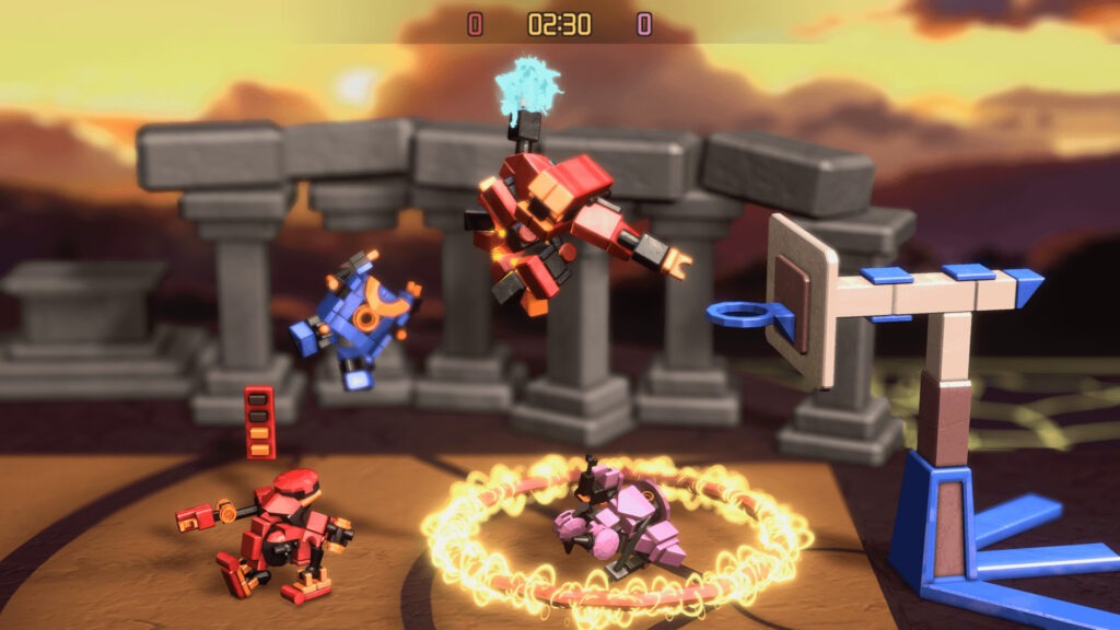 Red robot dunking on a pink robot