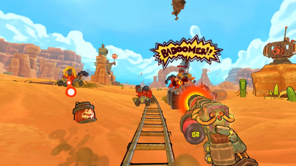 Comic words like Badoomer and Kaboom display on screen when you destroy an enemy.