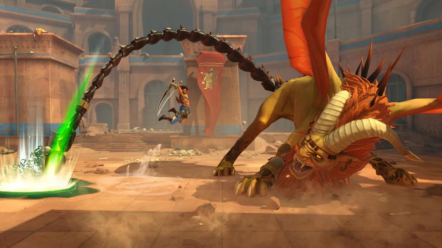 Sargon fighting a boss and lunging towards it with an sword attack