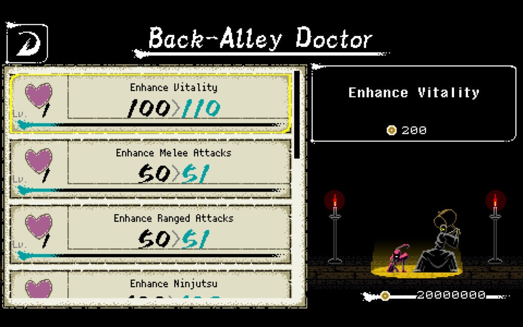 ninja standing next to a doctor holding a hammer. there is also a screen showing health upgrades.