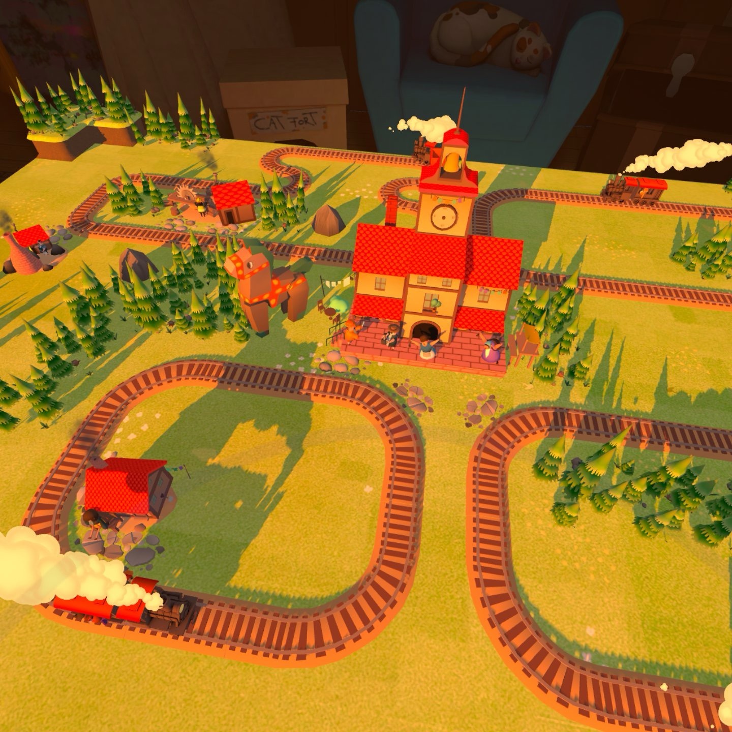 The warm sun sets on a finished town as citizens rejoice.