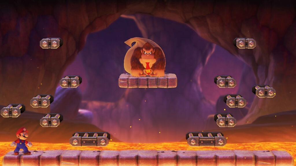 Image shows a boss level with Mario fighting Donkey Kong