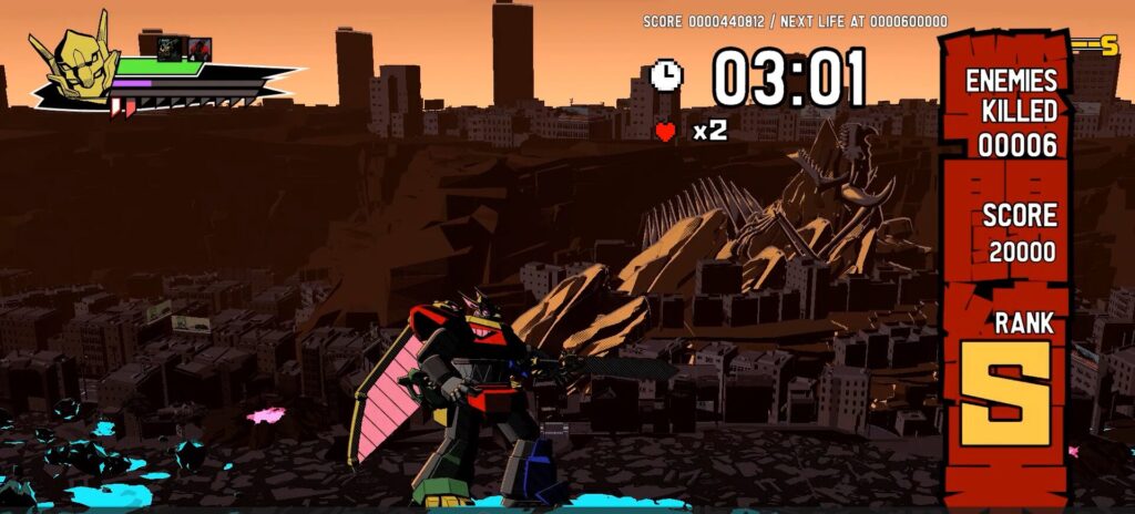 robot standing in a city with an s rank showing
