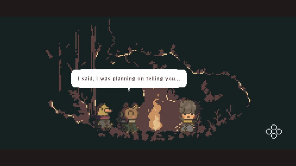 A bear, a duck and a boy sit around a fire, with the bear saying "I said, I was planning on telling you..."
