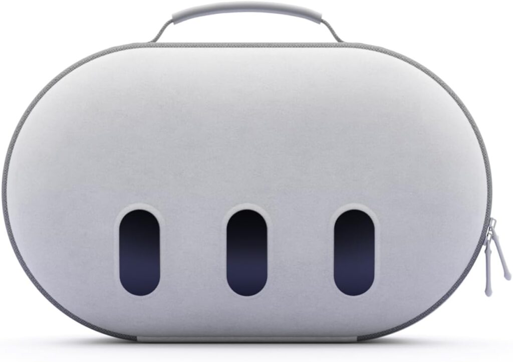 Aubika's small carrying case in white with three black Quest 3 "cameras" design.