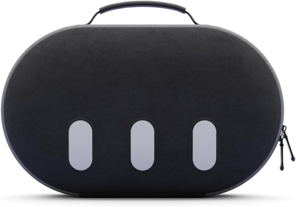 Aubika's small carrying case in black with three white Quest 3 "cameras" design.