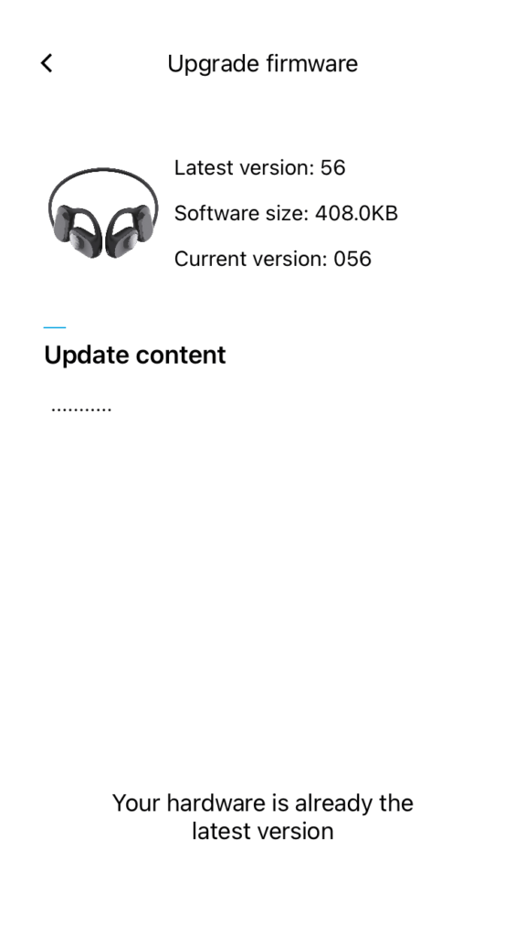 a screenshot of the page where you upgrade the firmware of the headset within the Soundpeats app