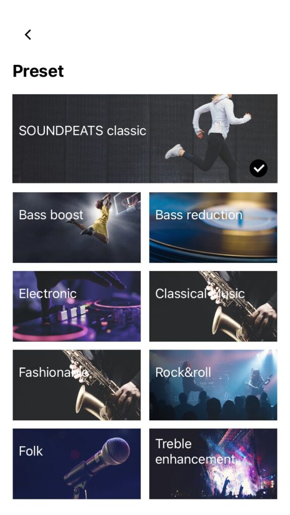 The pre-set EQs in the Soundpeats app