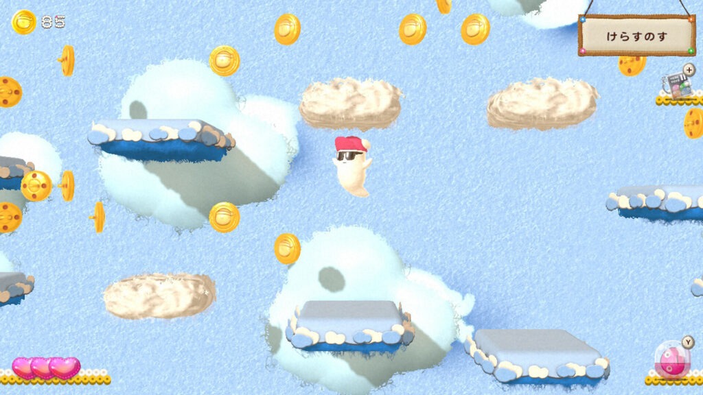 Sukezaemon, a playable character in Ufouria: The Saga 2, travelling upwards through a cloudy area littered with gold coins