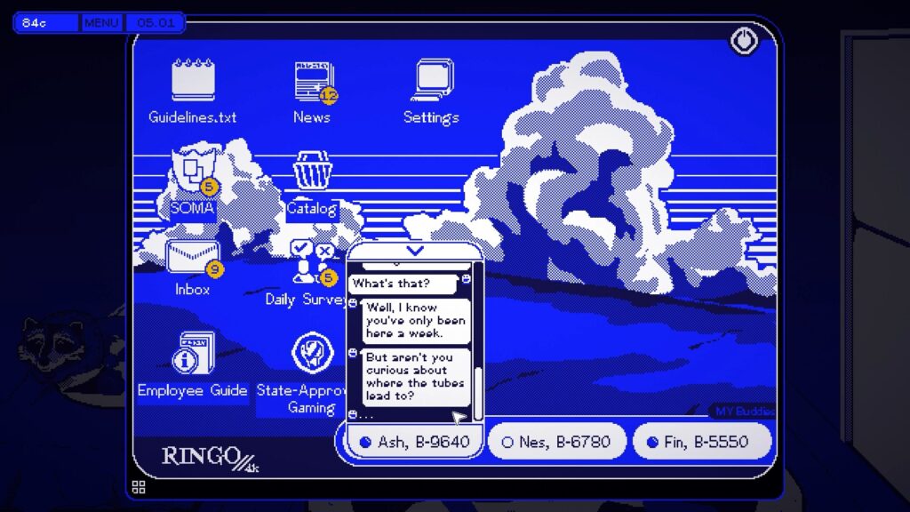 A chat box open with Ash, talking about tubes. Also on the computer are icons for other applications and other chats with Nes and Fin.