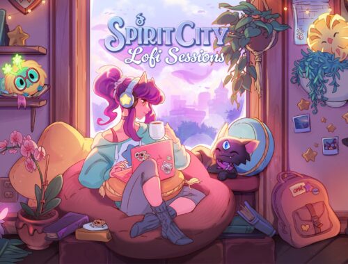 Key art for Spirit City: Lofi Sessions; a young female-presenting character sits in a bay window wearing headphones, surrounded by colourful spirits