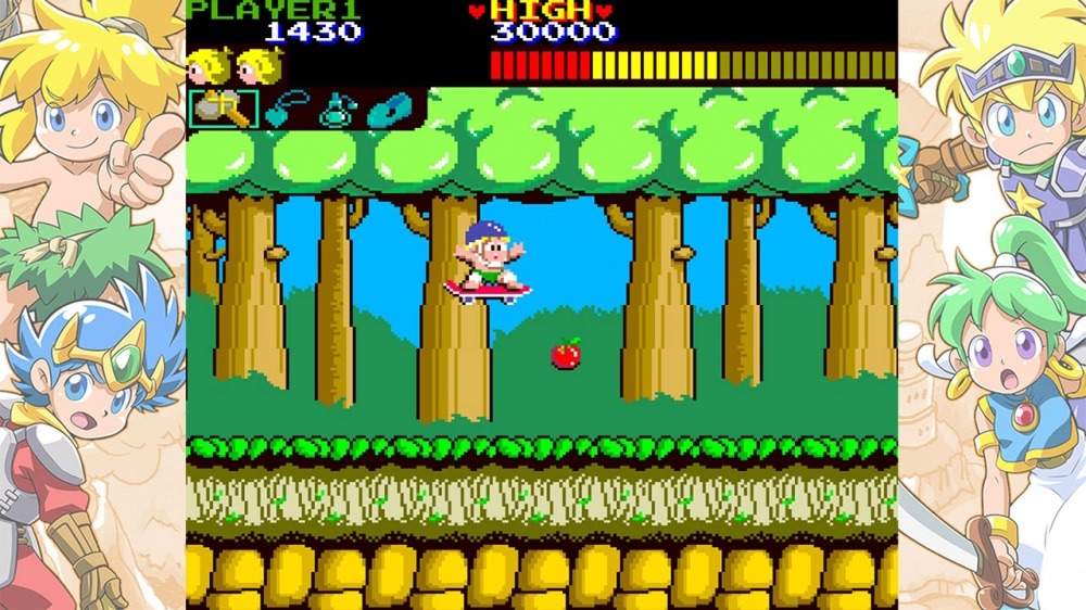 Wonder Boy on a skateboard dropping in the air towards a red apple