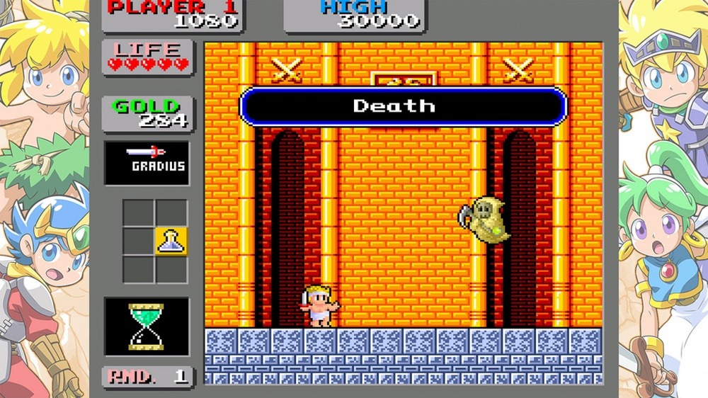 Wonder Boy faces off against a ghostly Grim Reaper-like enemy that floats in mid-air in front of him