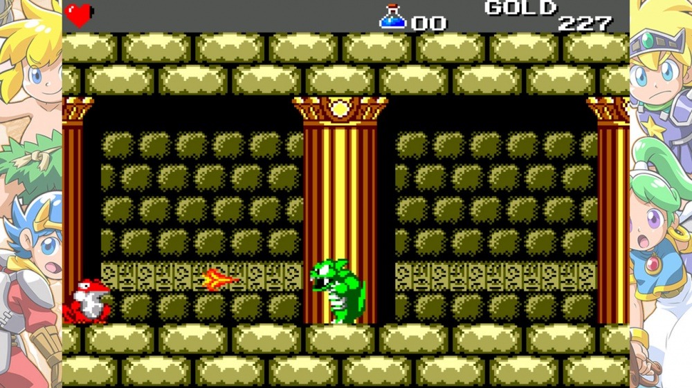 A large green monster enemy stands in the centre of a corridor; a fireball from its mouth is approaching a red frog on the left of the screen