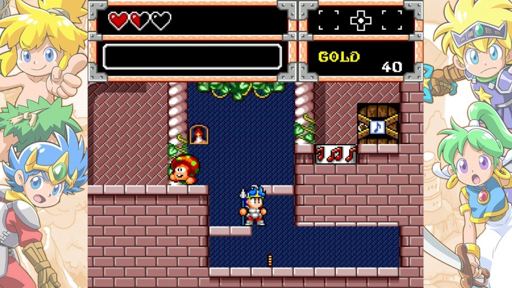 Wonder Boy traverses a staircase in a dungeon; a mushroom-like enemy walks away on his left