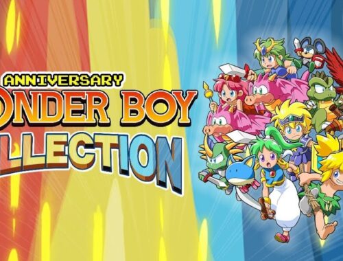 Wonder Boy Anniversary Collection key art, featuring a character mash up on a red, yellow and blue striped background