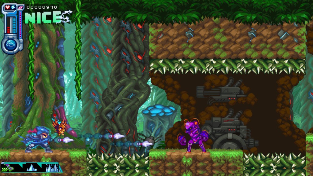 Kei stands on the left-most platform of a sequence of platforms. He is shooting projectiles towards a purple enemy stood in the centre.