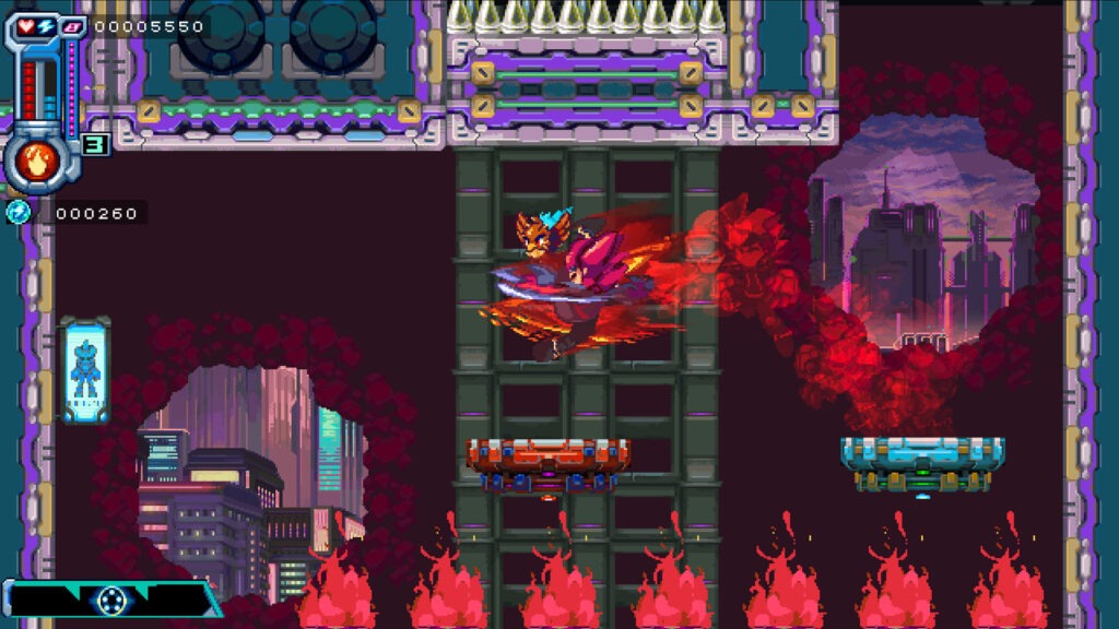 Kei is on fire as he dashes left from one mid air platform to another. There are several small fires at the bottom of the level.