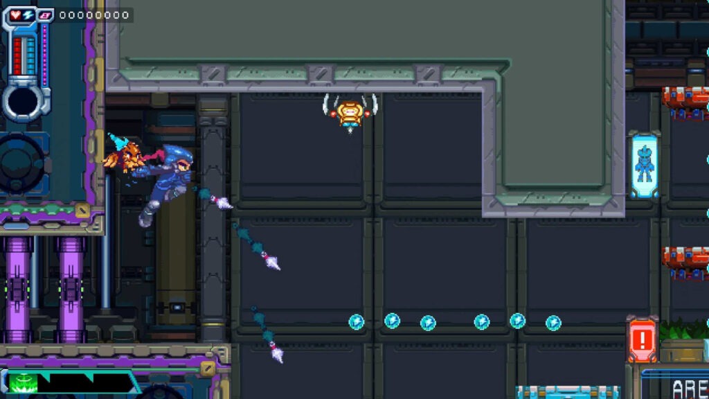Kei shoots towards spider-like enemies from mid air. He is jumping forwards in a tight space.